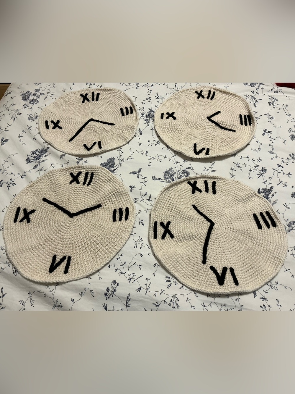 Handmade Cream Crochet Clock-Style Placemats with Black Accents